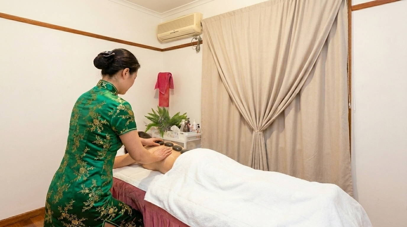 Therapist placing warm stones along a client's back during a hot stone massage